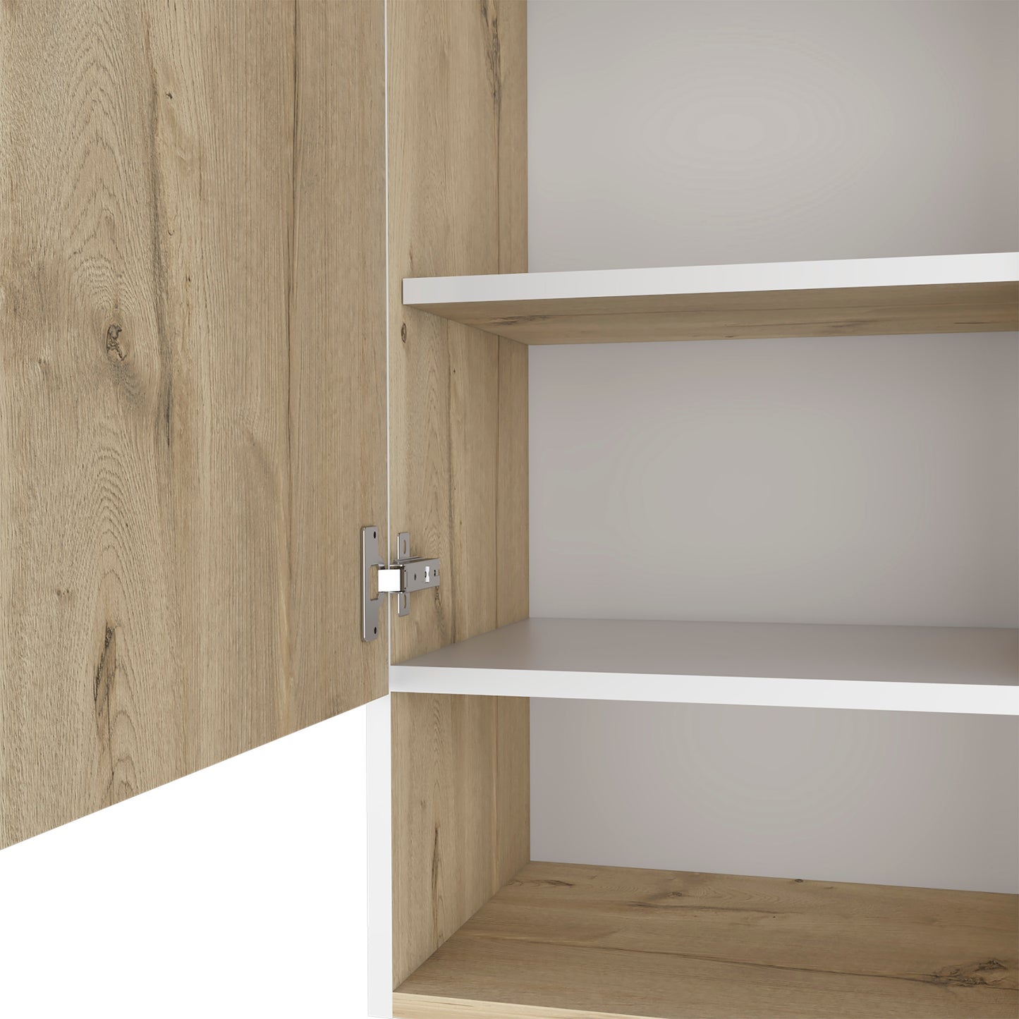 Oak effect wardrobe interior with open door and adjustable white shelves