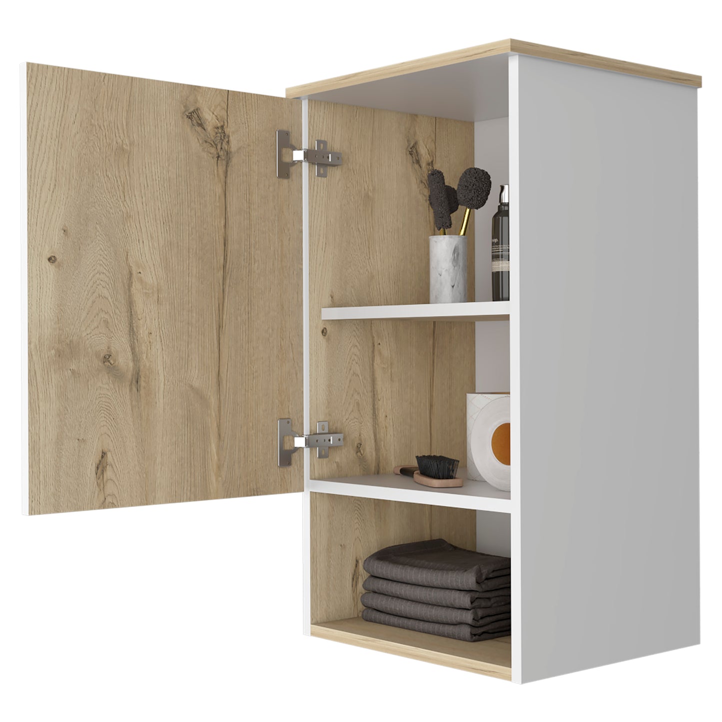 Modern wall mounted cabinet with natural wood door and grey casing ideal for bathroom storage