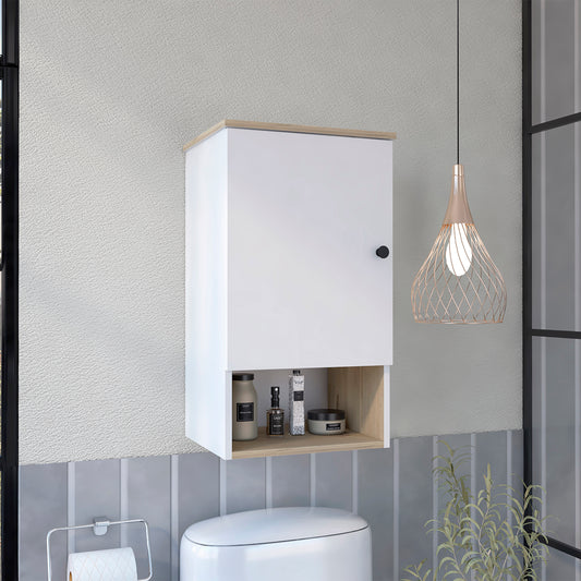 Modern white bathroom cabinet with wood trim and open shelf for storage