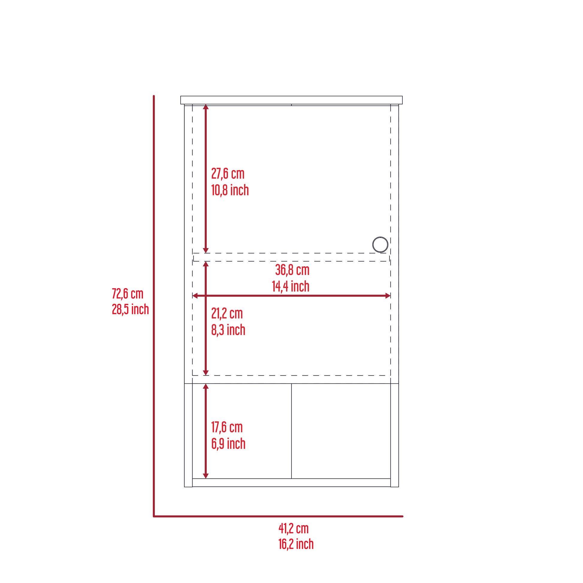 Line drawing of a narrow white cabinet with internal dimensions Height cm width cm
