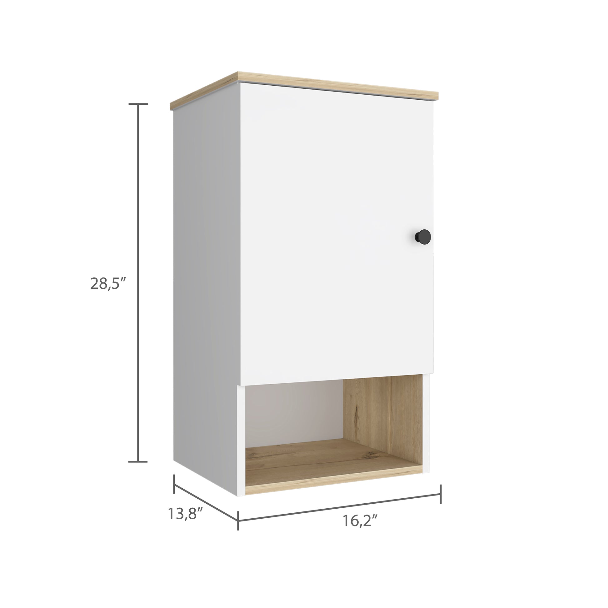 White and wood grain cabinet with open shelf  H x  W modern wall unit