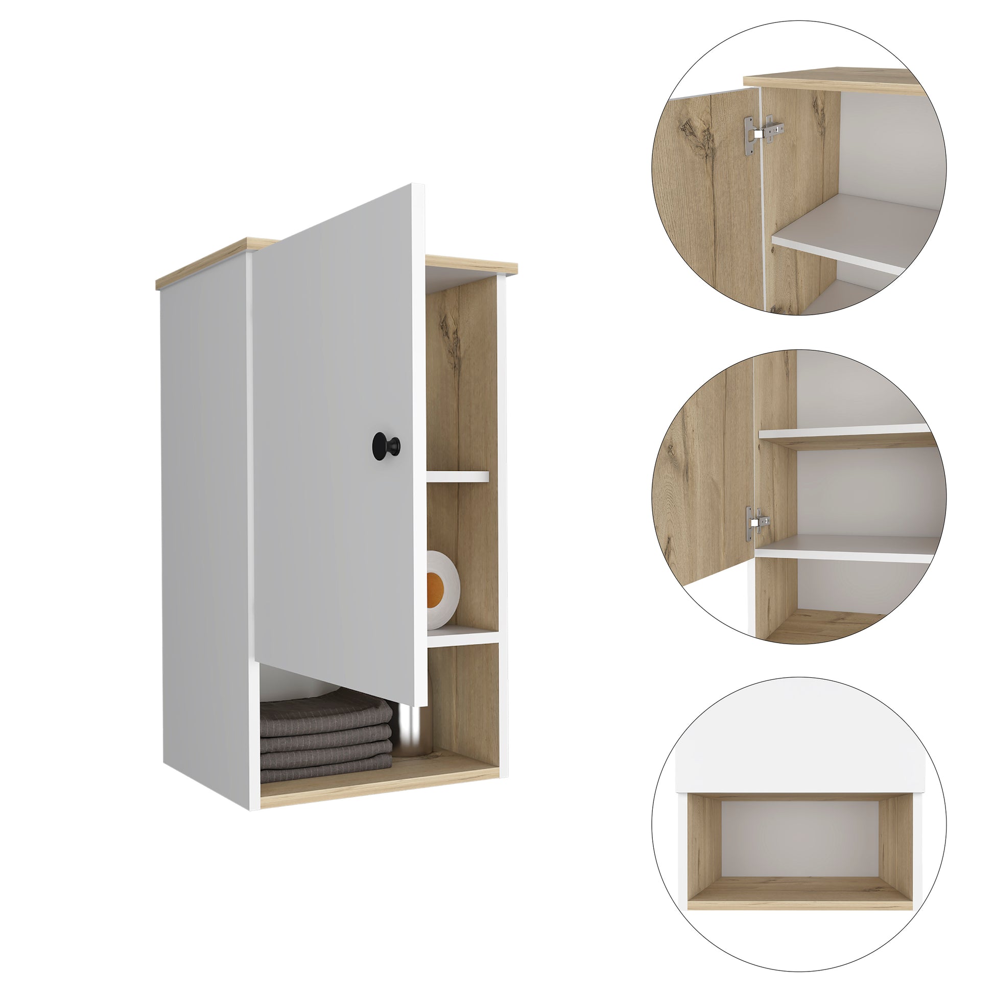 White and wood grain wall cabinet with open door showing shelves towels and toilet paper