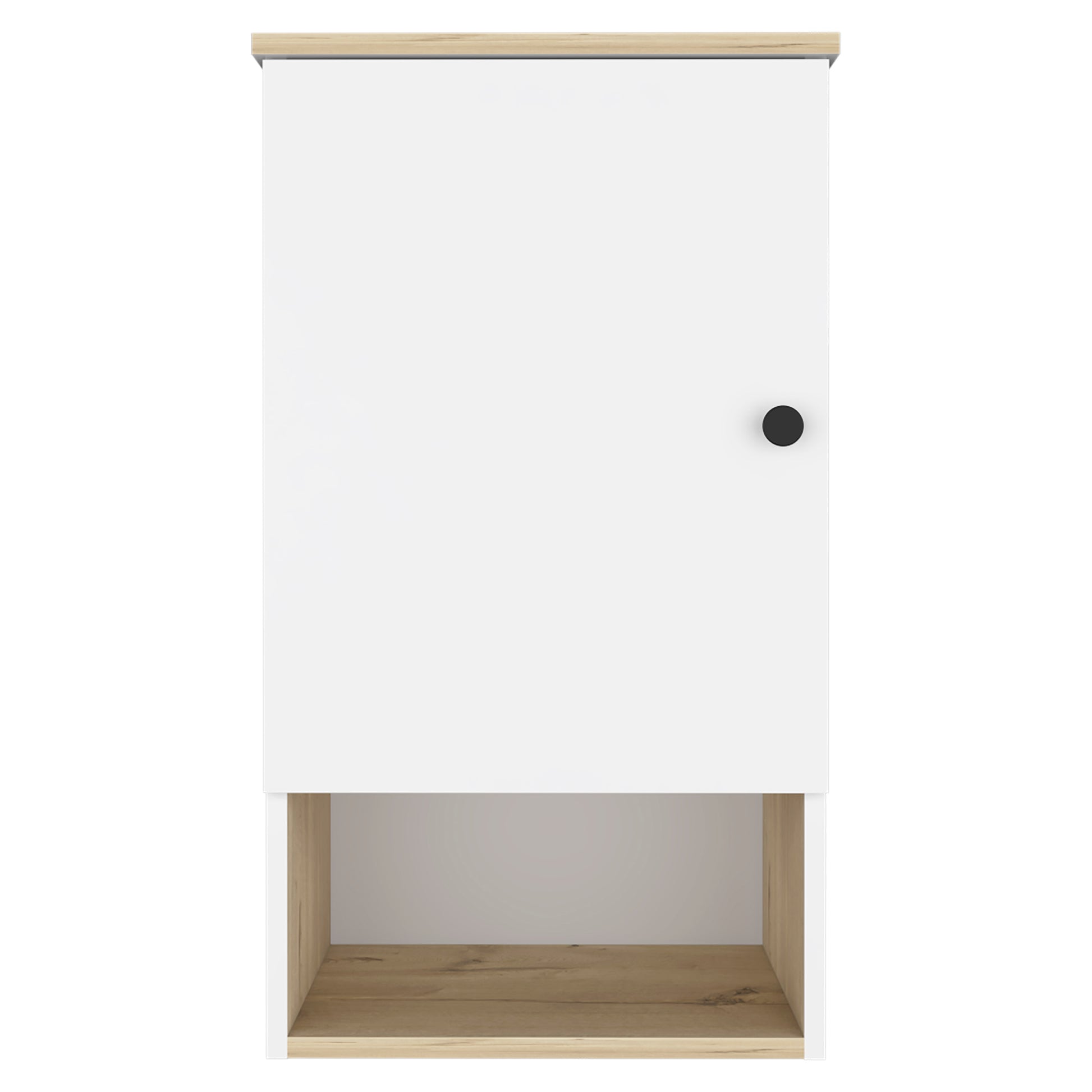 Modern white wall cabinet with wood accents and black knob ideal for small spaces