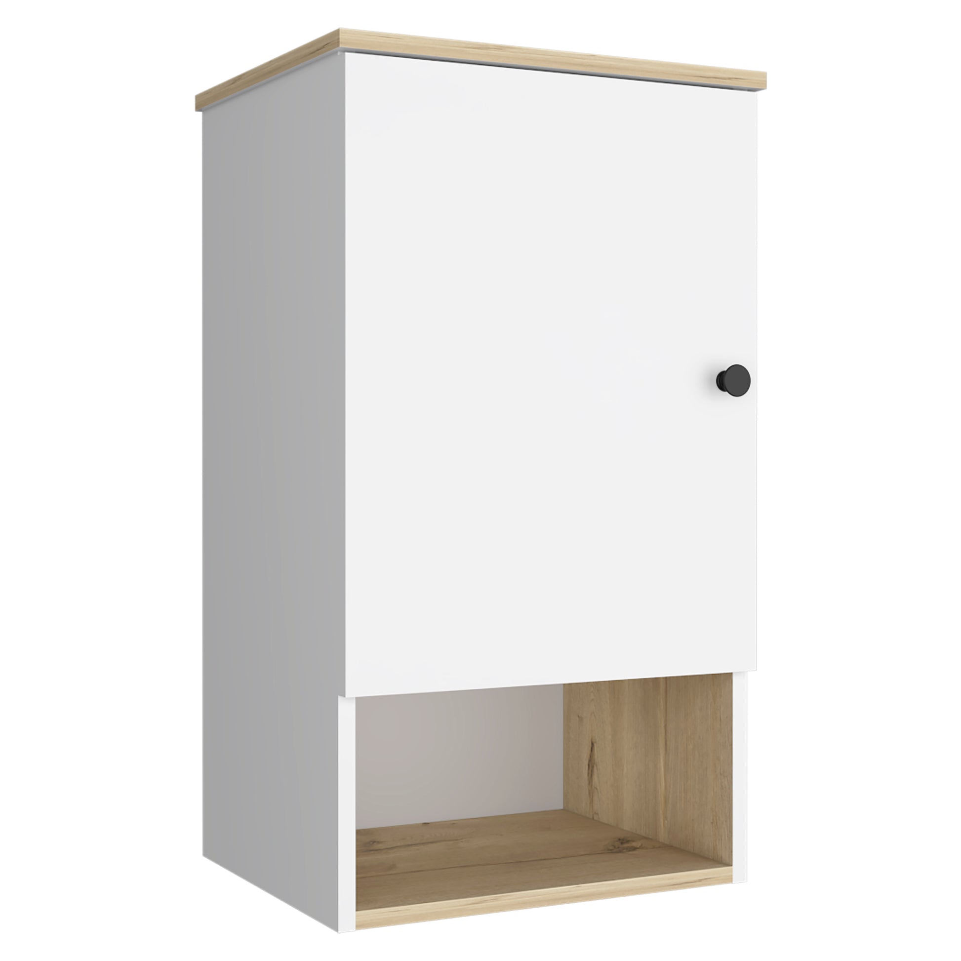 Modern white wall cabinet with wood accent and black knob for home organization