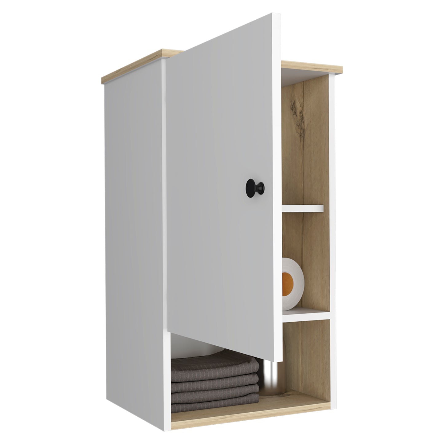 Modern white and wood wall cabinet with open door and shelves