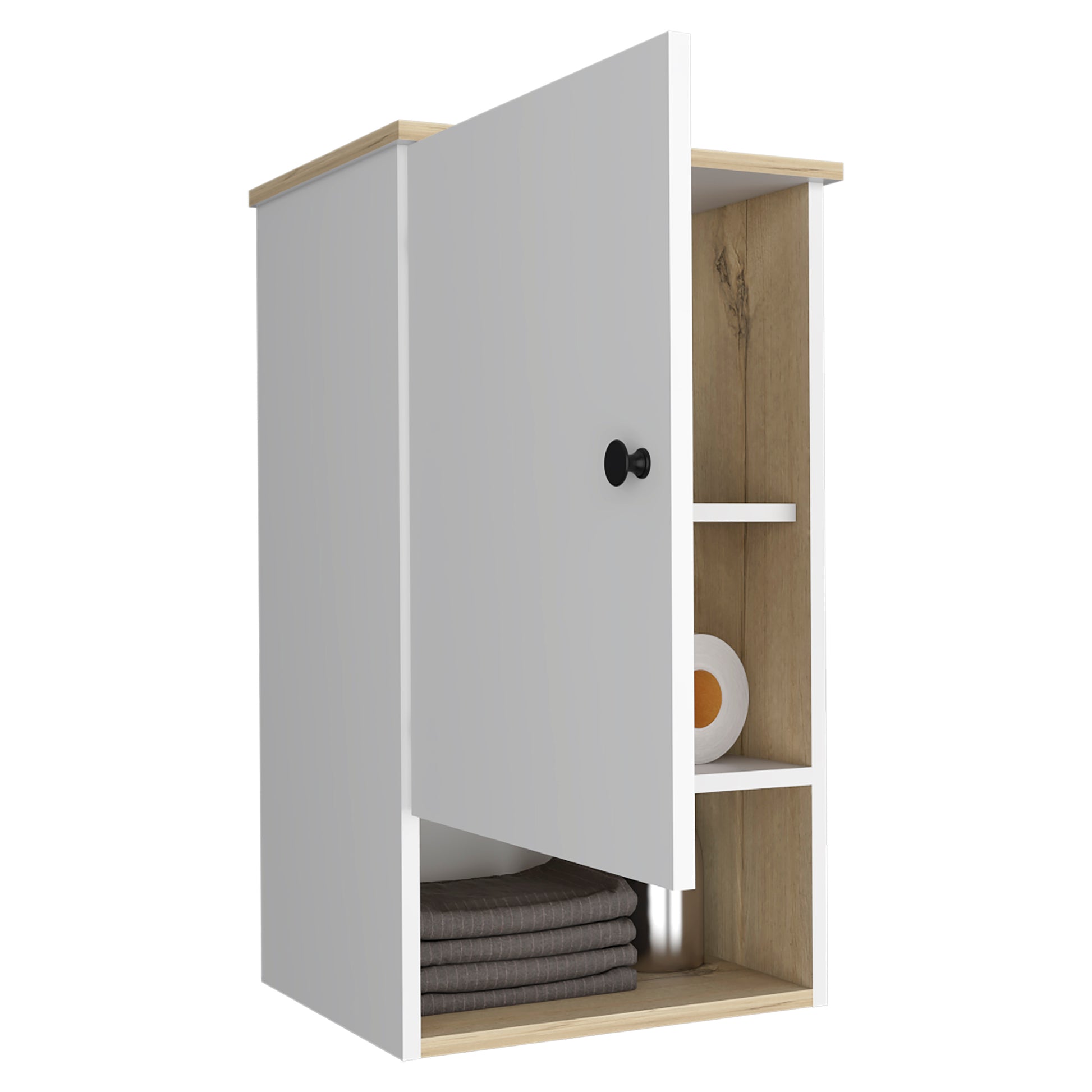 Modern white and wood wall cabinet with open door and shelves