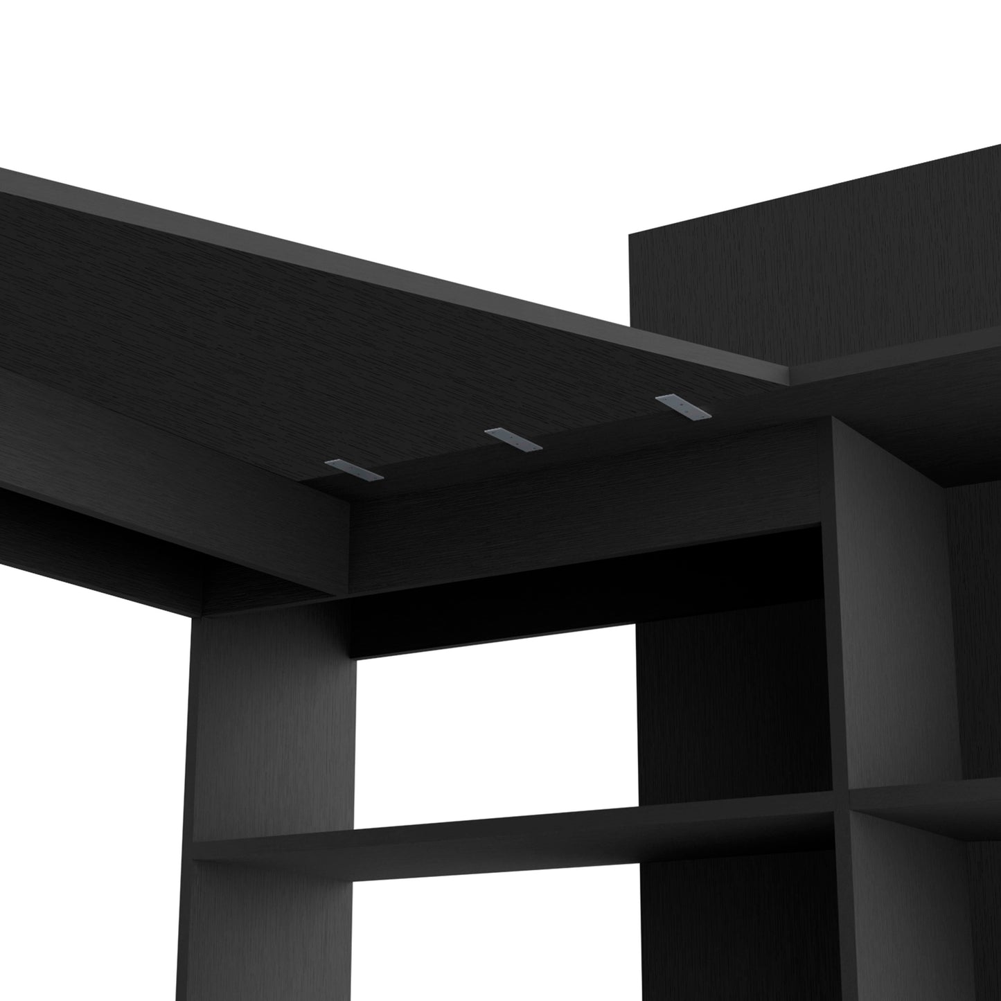 Modular black wood shelf system with clean lines and open cubbies for modern storage