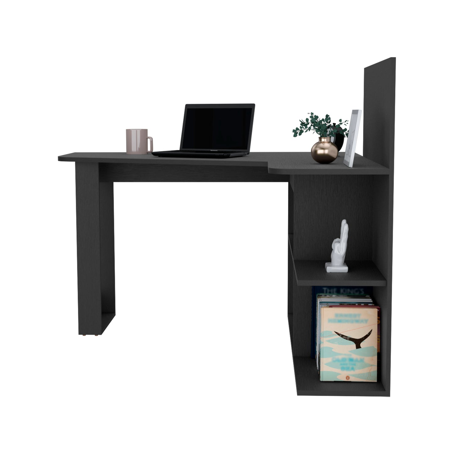 Dark gray modern desk with integrated bookshelf laptop and mug