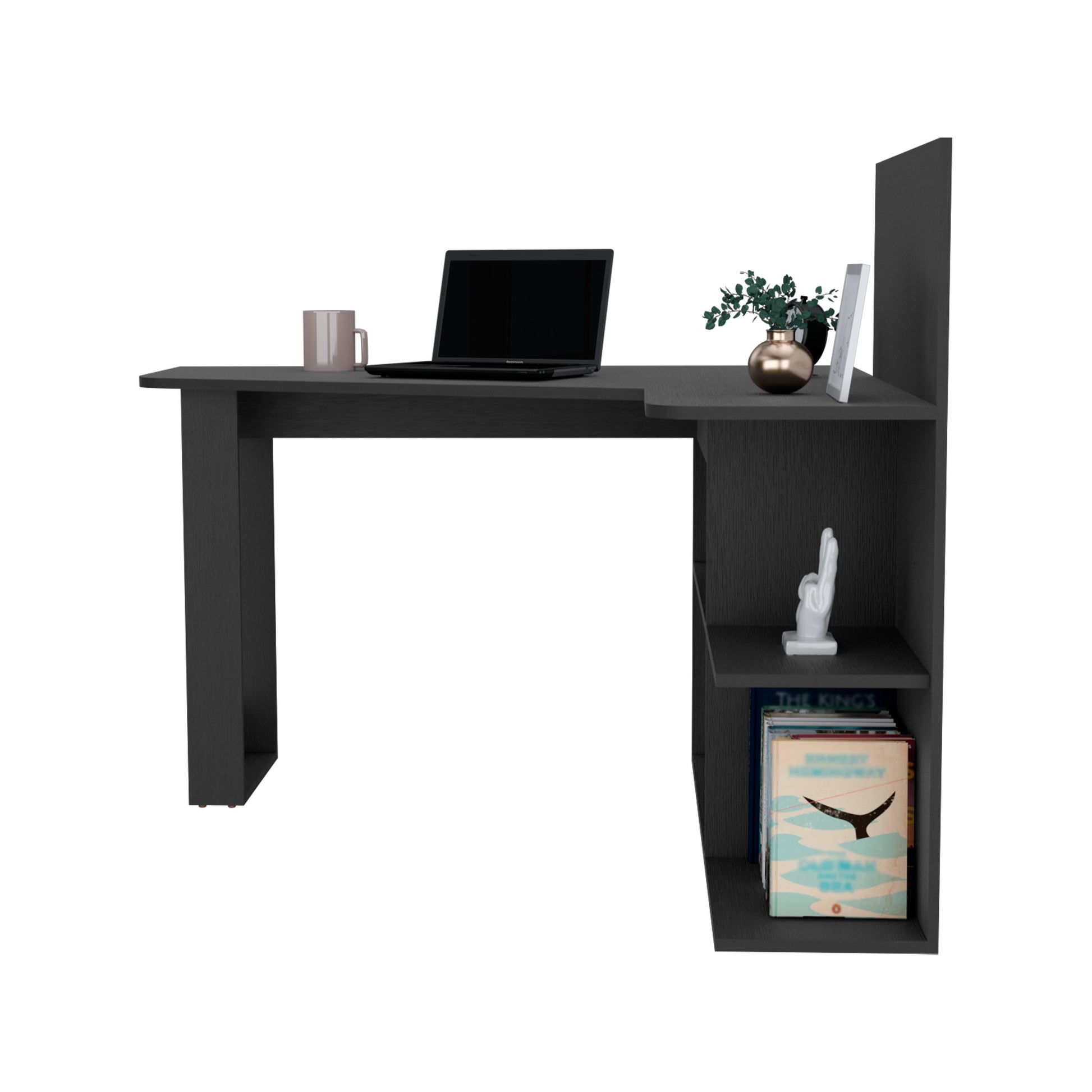 Dark gray modern desk with integrated bookshelf laptop and mug