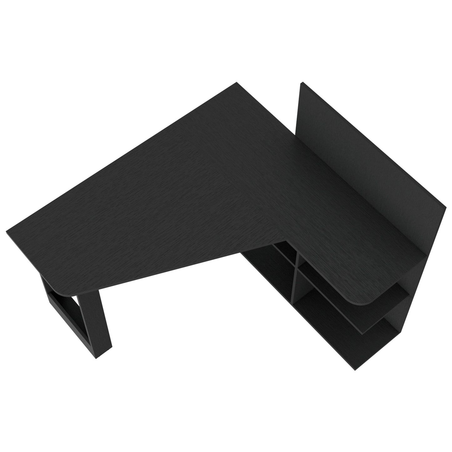 Dark oak effect Lshaped desk with builtin shelving for home office organization