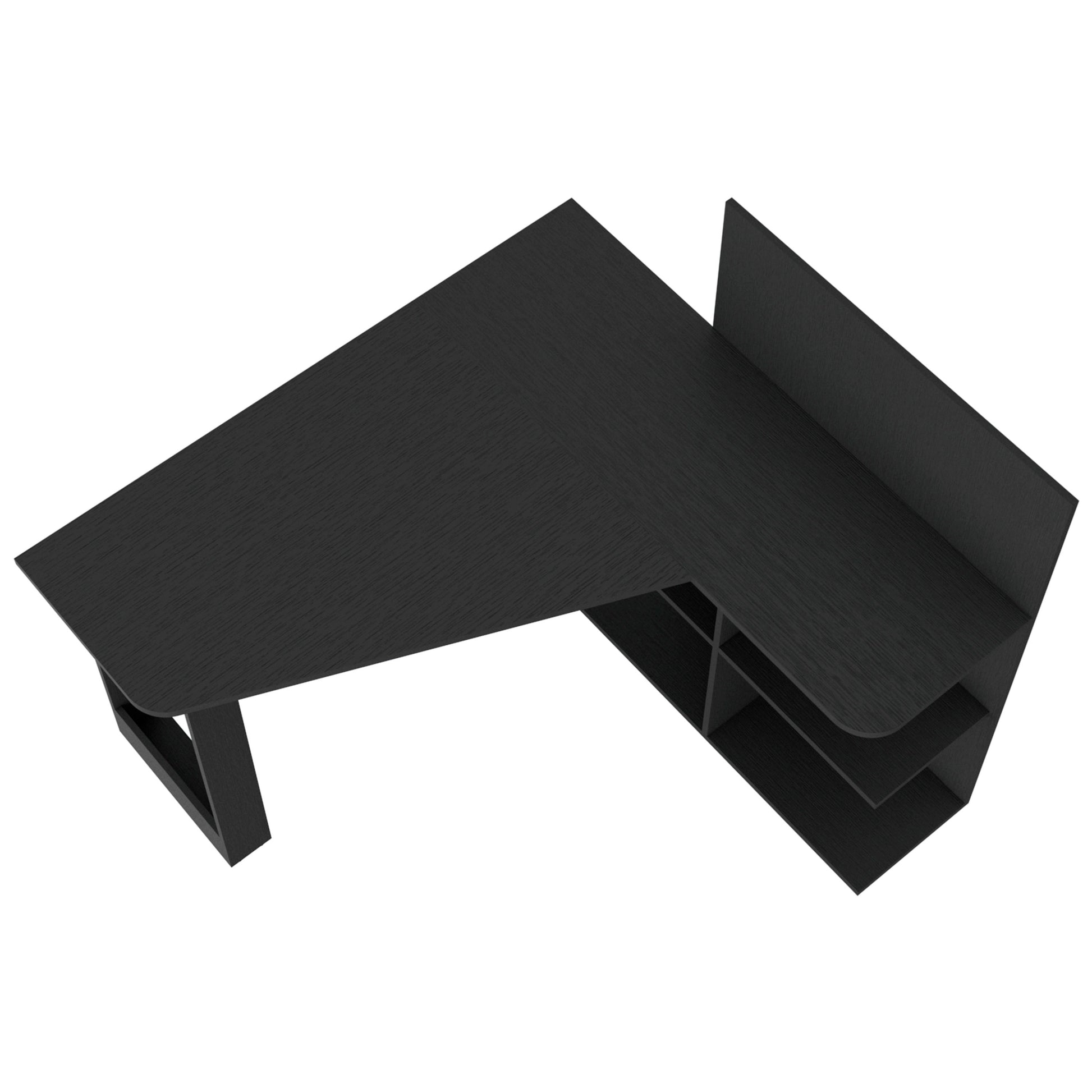 Dark oak effect Lshaped desk with builtin shelving for home office organization