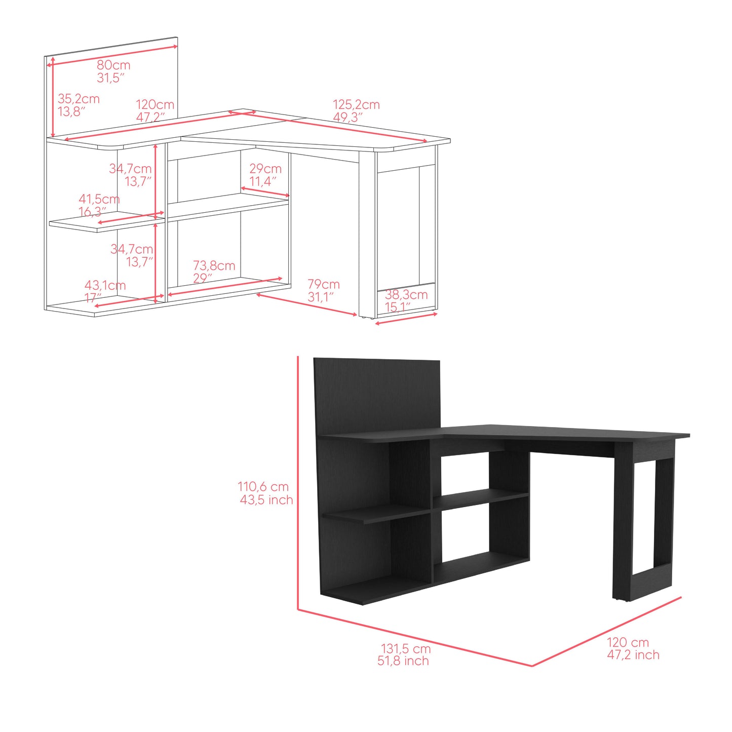 Modern black Lshaped desk with attached shelving unit for home office