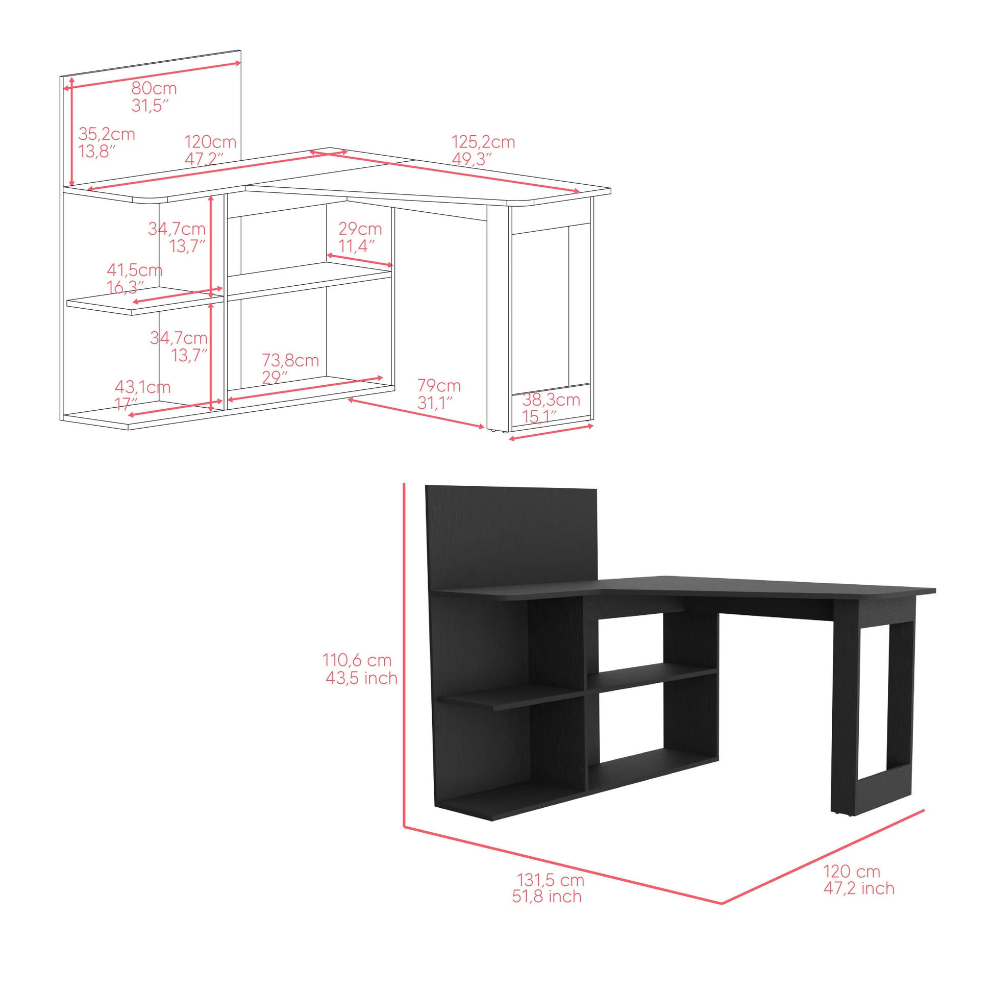Modern black Lshaped desk with attached shelving unit for home office