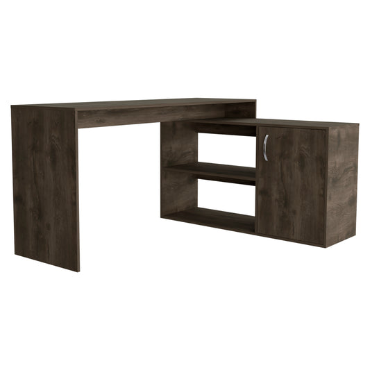 Dark wood lshaped desk with open shelving and a single cabinet door