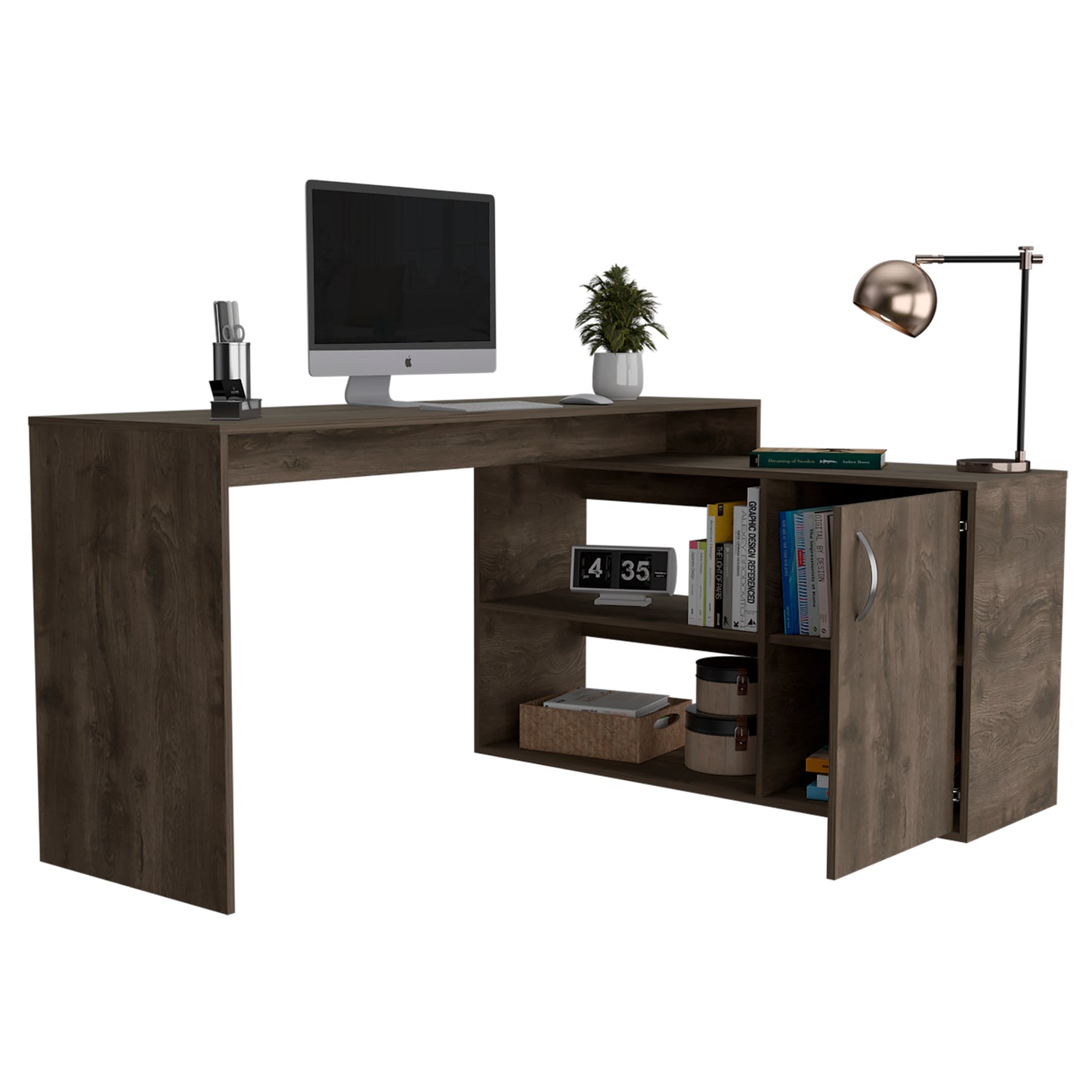 Dark wood Lshaped desk with open shelving and a cabinet for home office use