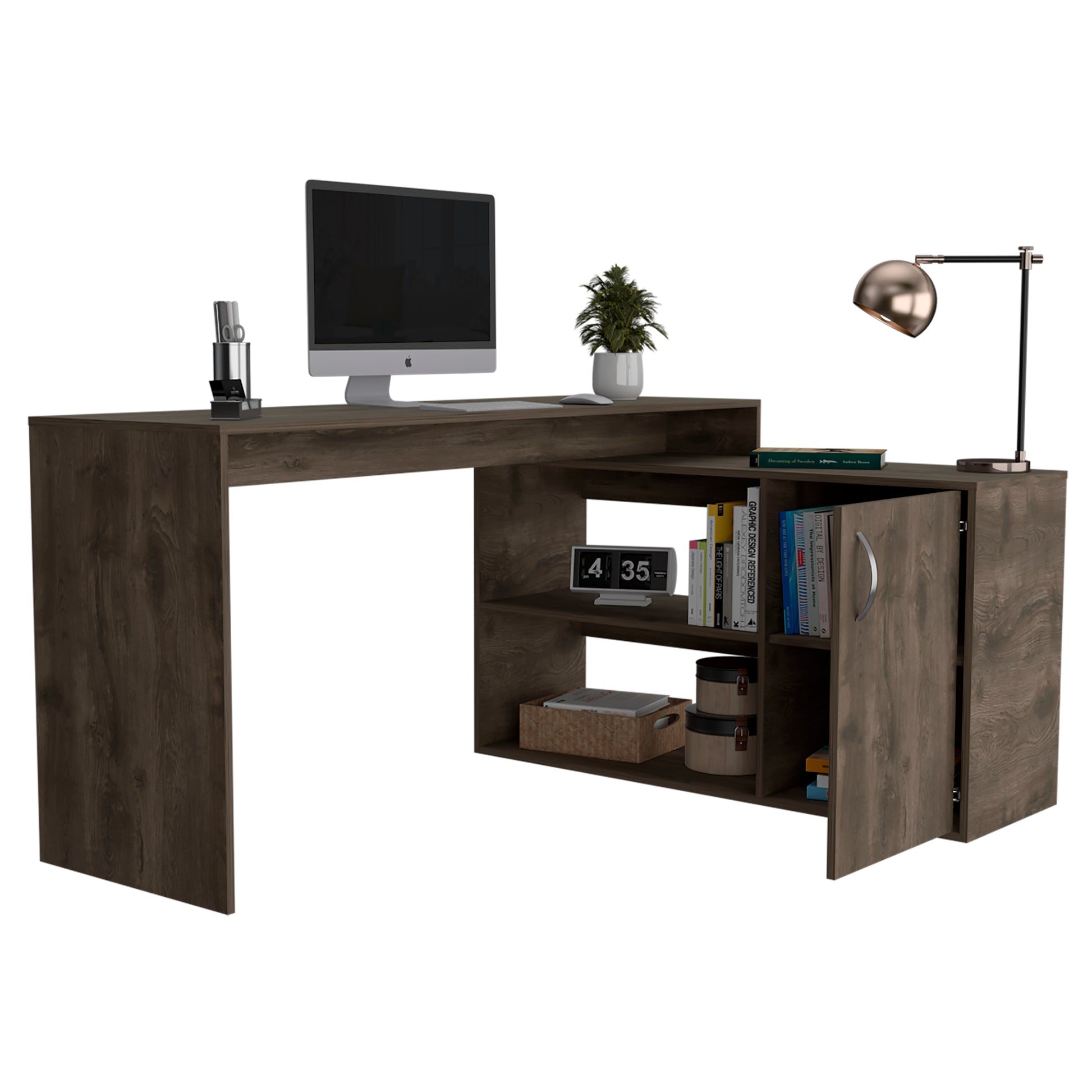 Dark wood Lshaped desk with open shelving and a cabinet for home office use