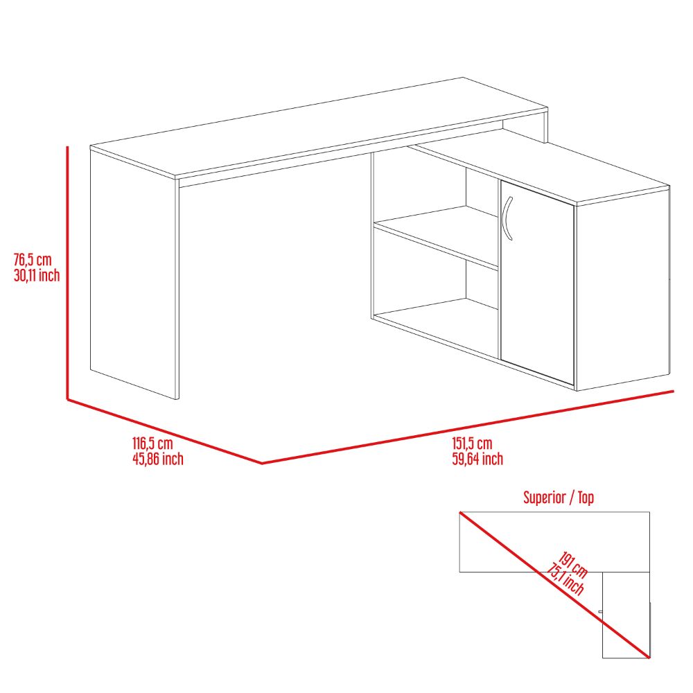 Lshaped desk with white finish featuring open shelves and a cabinet for storage