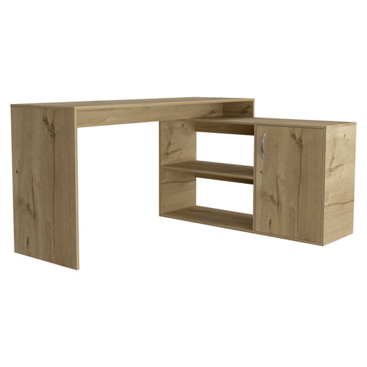 Light oak laminate corner desk with shelving and single cabinet modern design