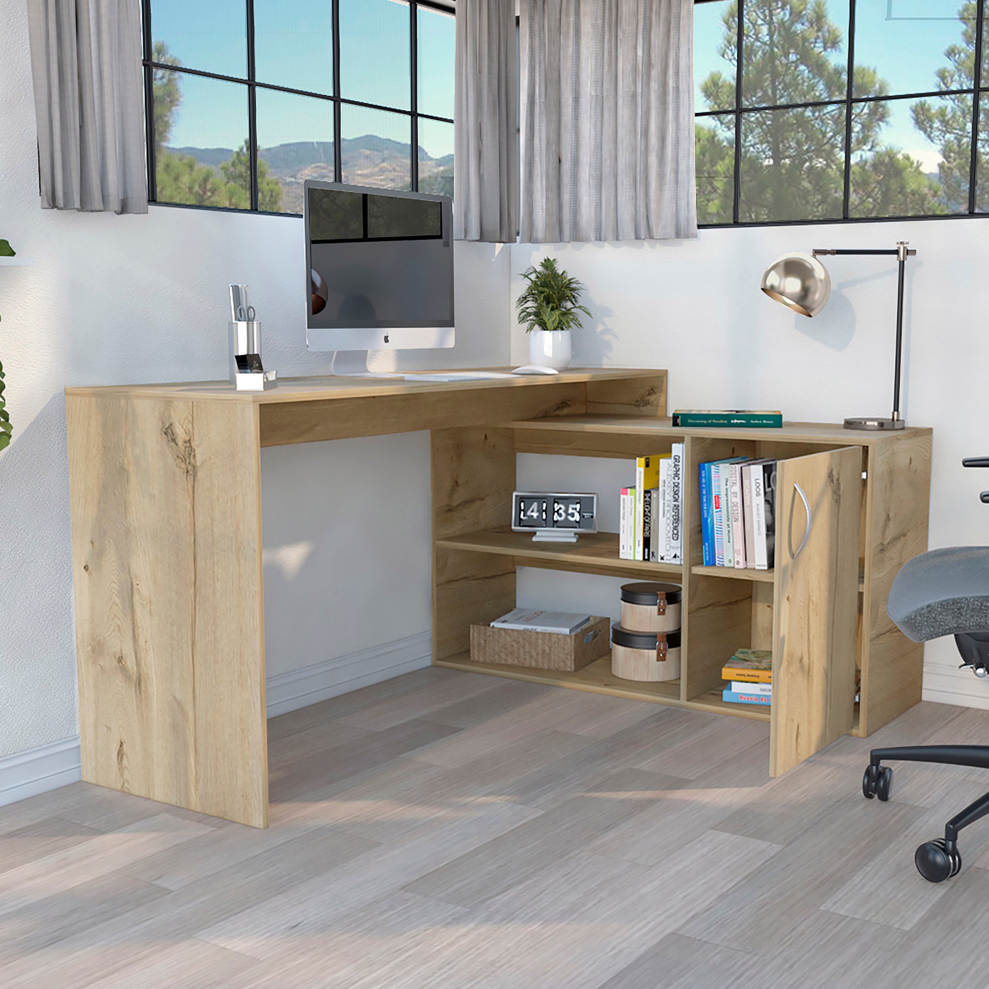Modern Lshaped desk with light oak finish featuring open shelving and a cabinet