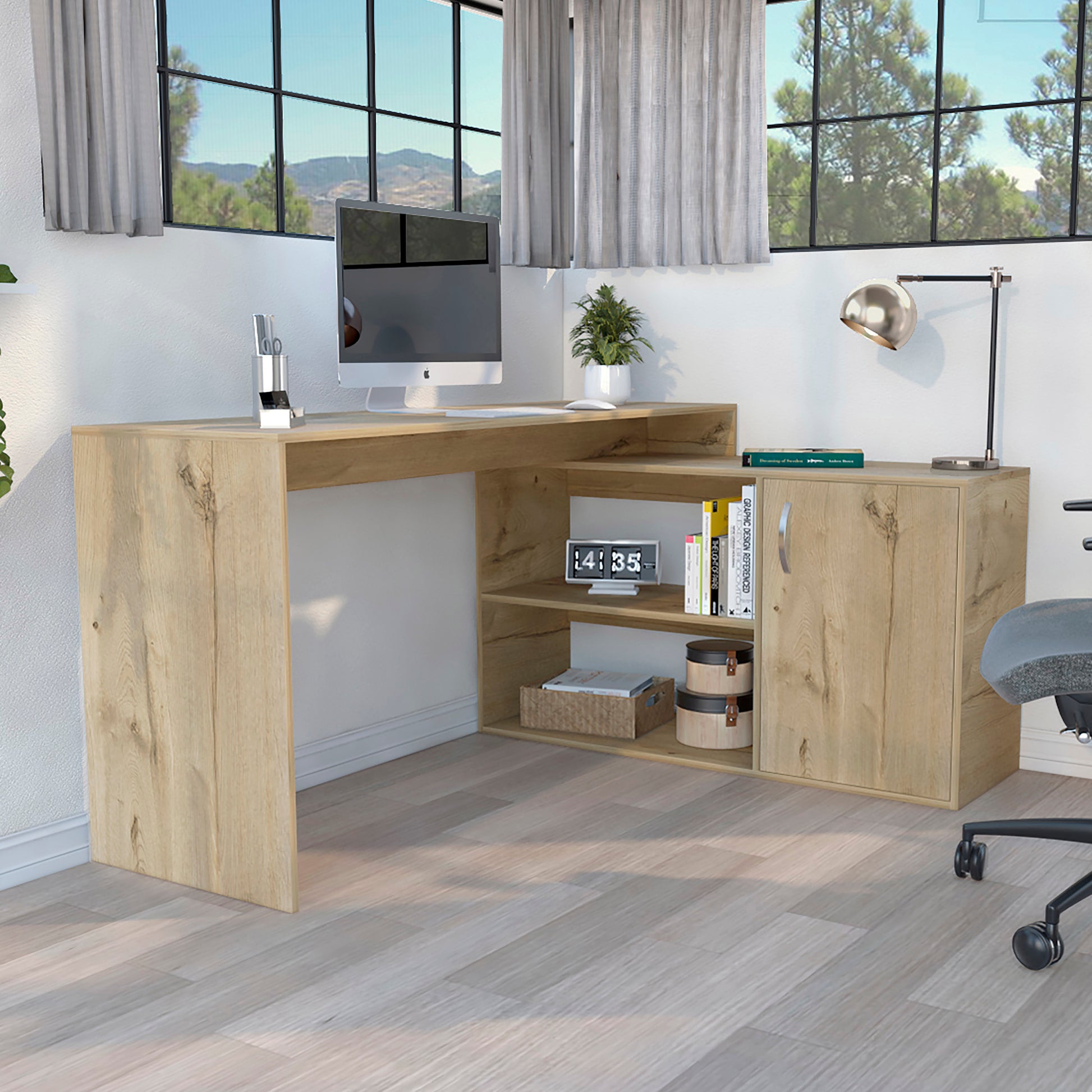 Light oak finish Lshaped computer desk with integrated shelving and cabinet