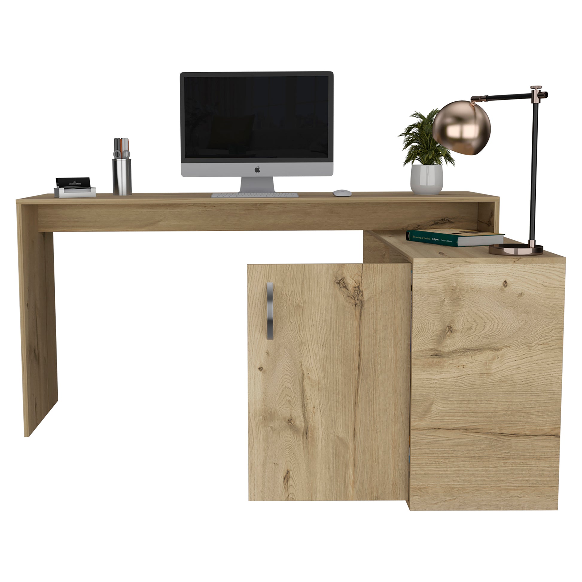 Light oak modern Lshaped desk with a computer lamp and plant