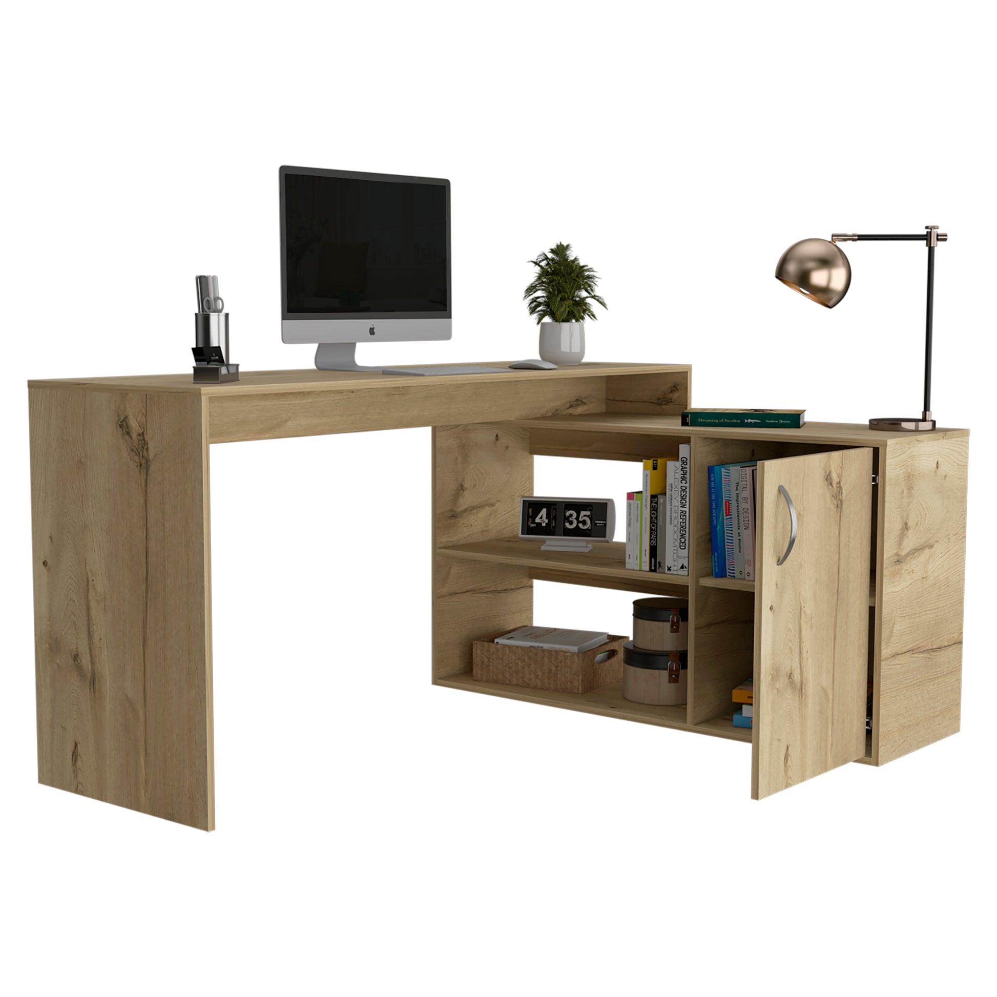 Light oak Lshaped desk with builtin shelving and a monitor