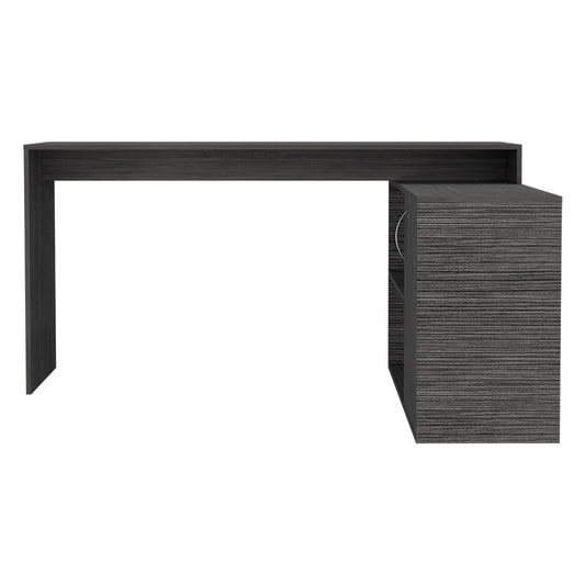 Modern grey wood grain desk with attached shelving unit