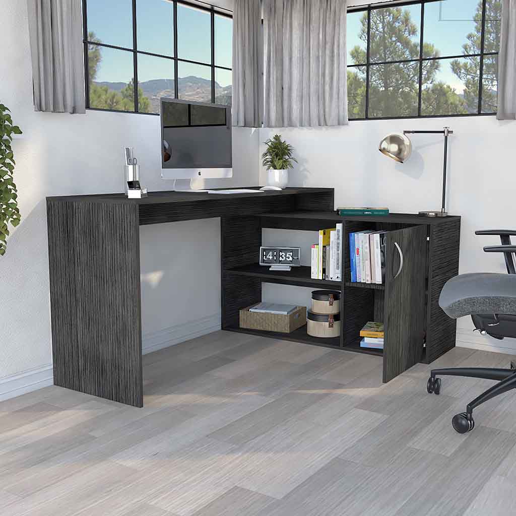 Lshaped black wood grain computer desk with integrated shelving