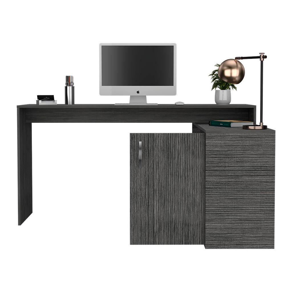 Modern Lshaped desk in dark gray wood grain with integrated storage perfect for home office setup