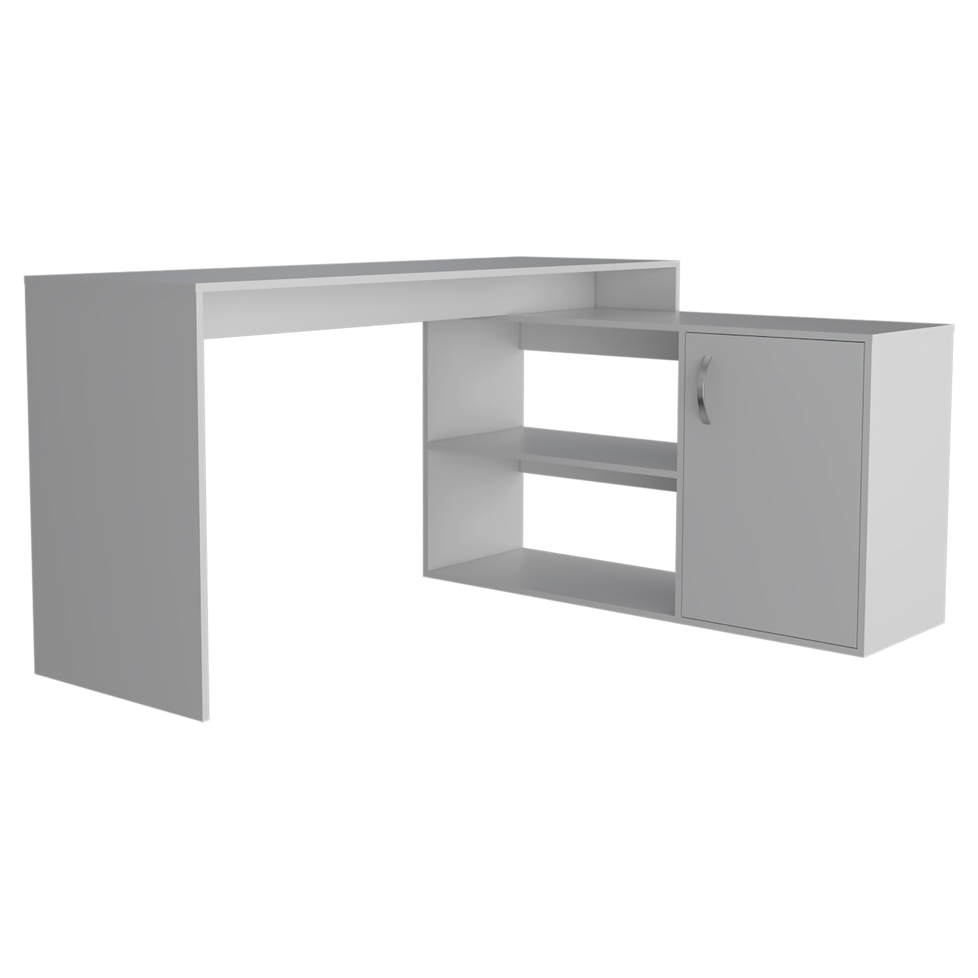 Modern Lshaped white desk with integrated shelving and a single cabinet perfect for home offices