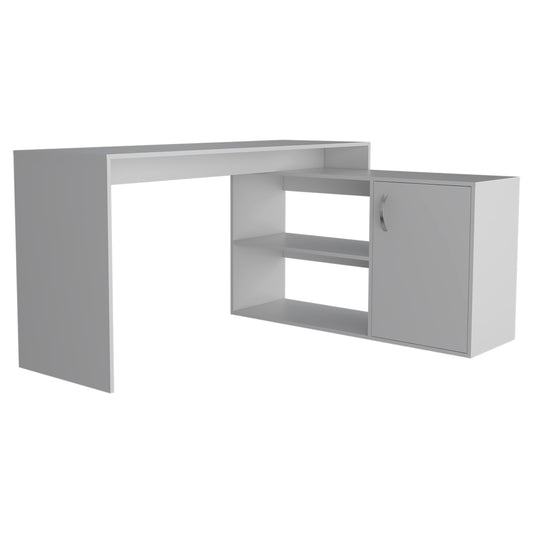 Modern Lshaped white desk with integrated shelving and a single cabinet perfect for home offices