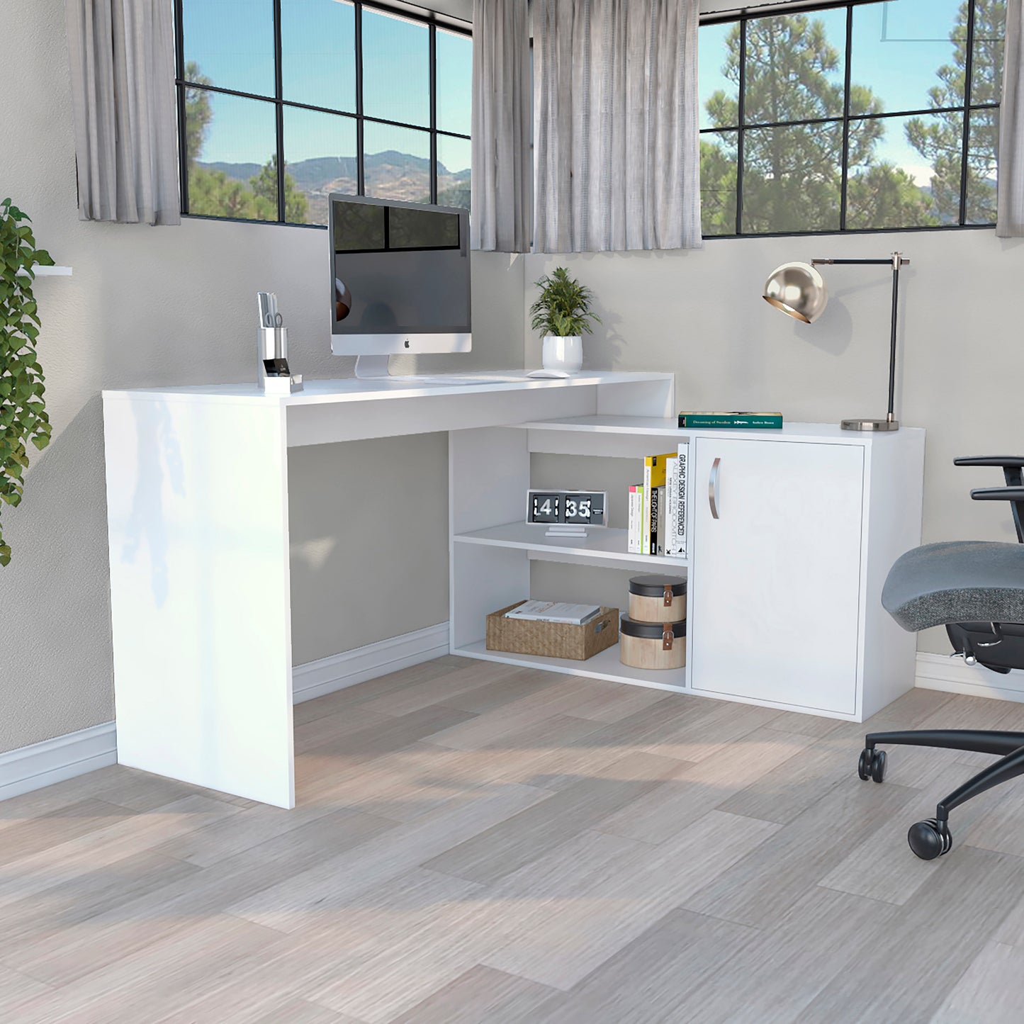 Modern white Lshaped desk with open shelves and a cabinet perfect for a home office setup
