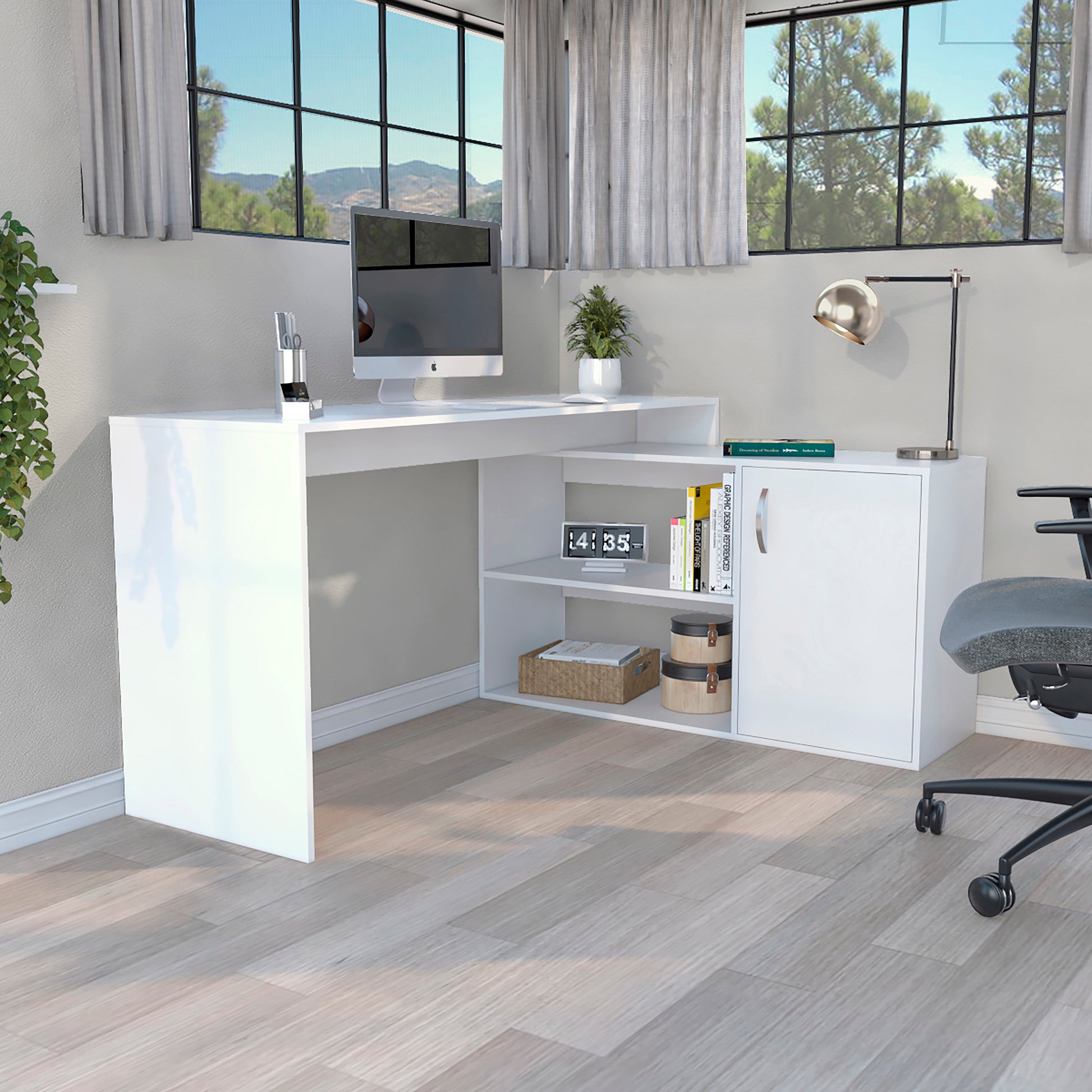 Modern white Lshaped desk with open shelves and a cabinet perfect for a home office setup