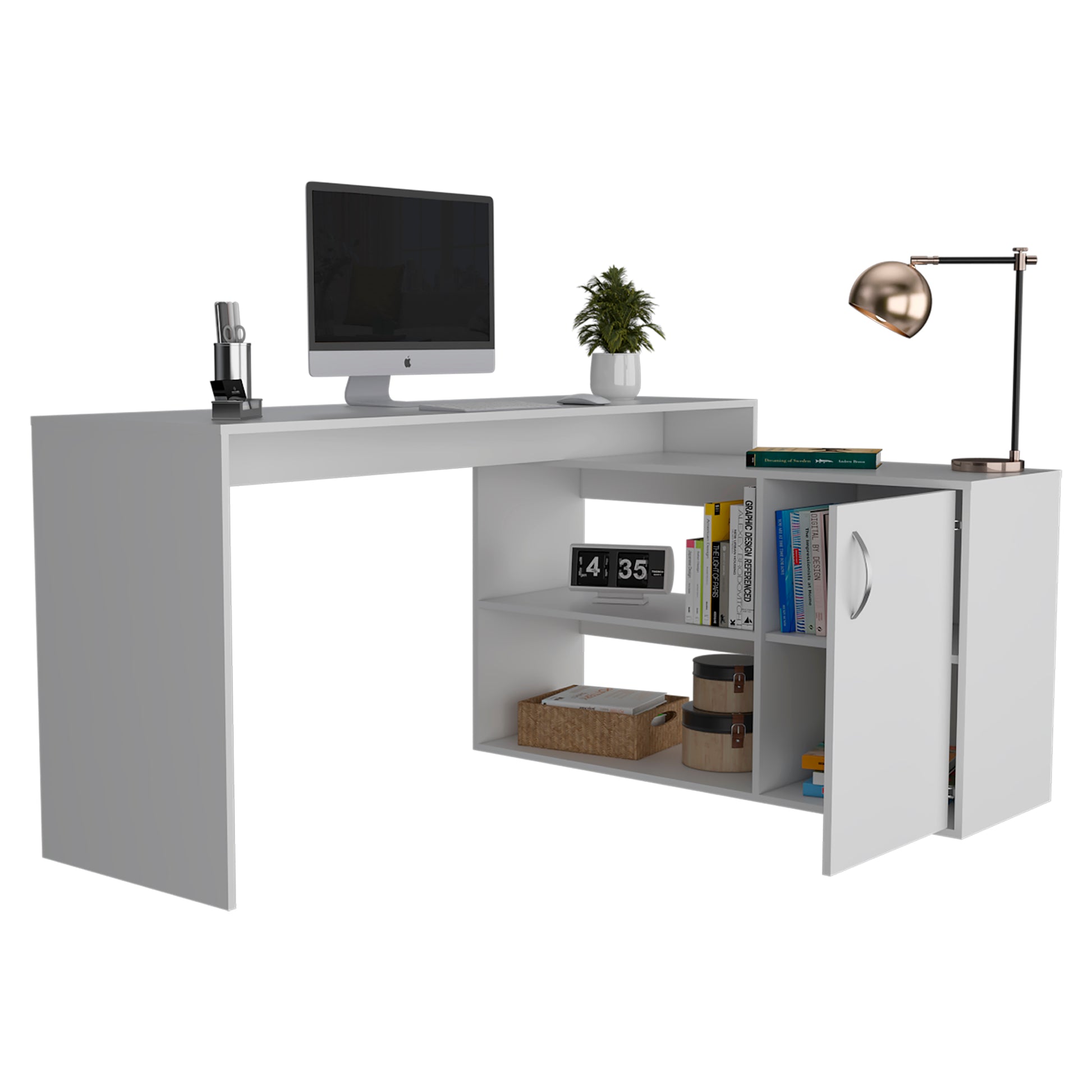 Modern white Lshaped desk with computer monitor and storage shelves