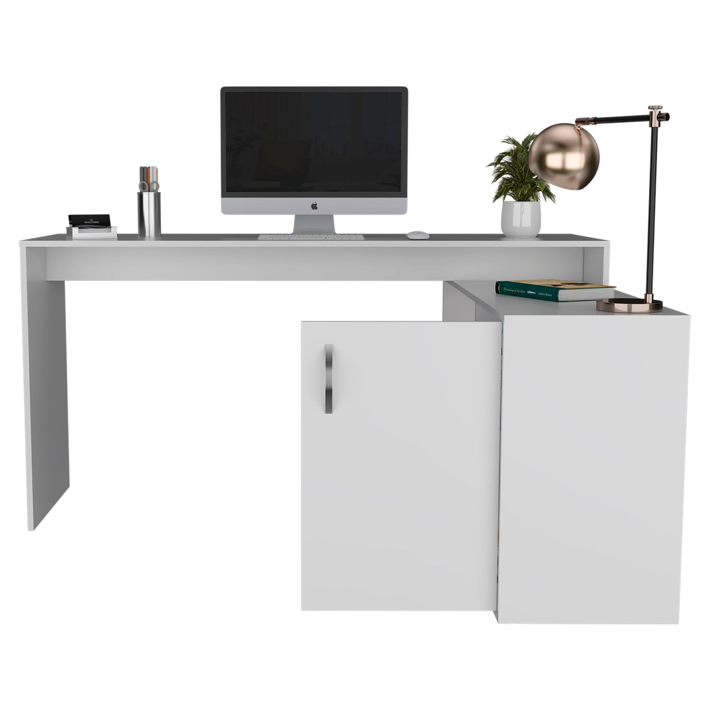 Modern white executive desk with integrated cabinet and gold desk lamp