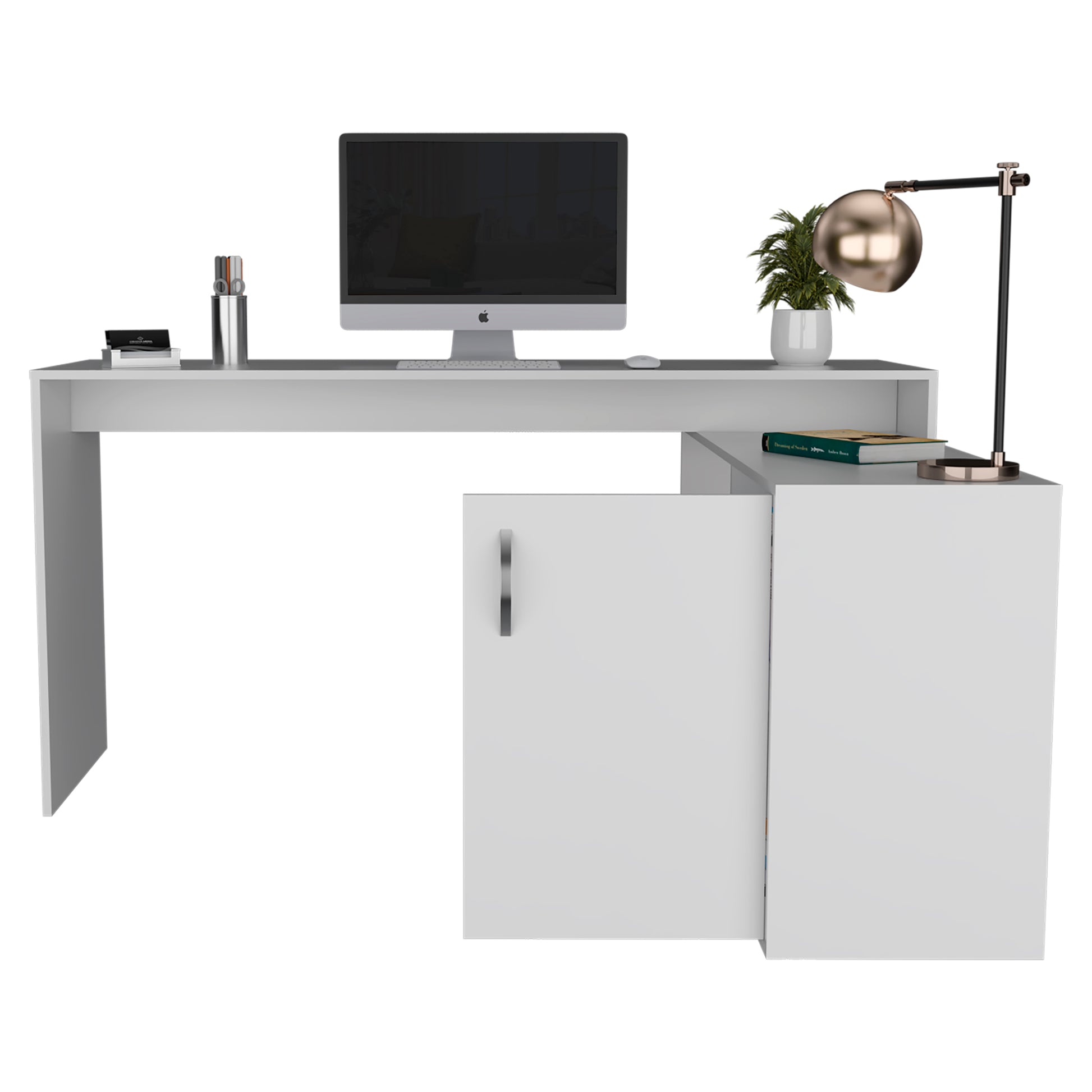 Modern white executive desk with integrated cabinet and gold desk lamp