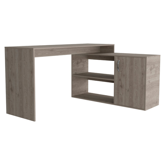TREATLIFE HOME L-Shaped Office Desk with Single Door Cabinet and Two Shelves, Light Gray Finish, Durable Design