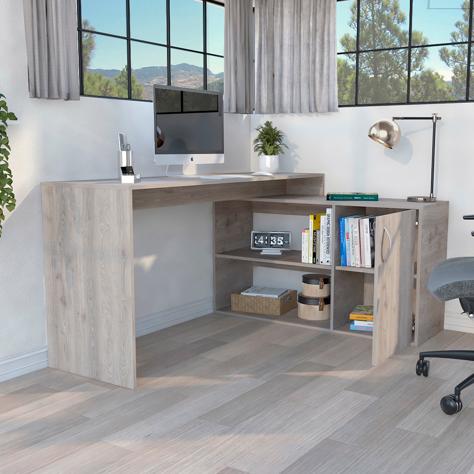 Corner Lshaped desk in light oak finish with builtin shelving and cabinet perfect for home office setup