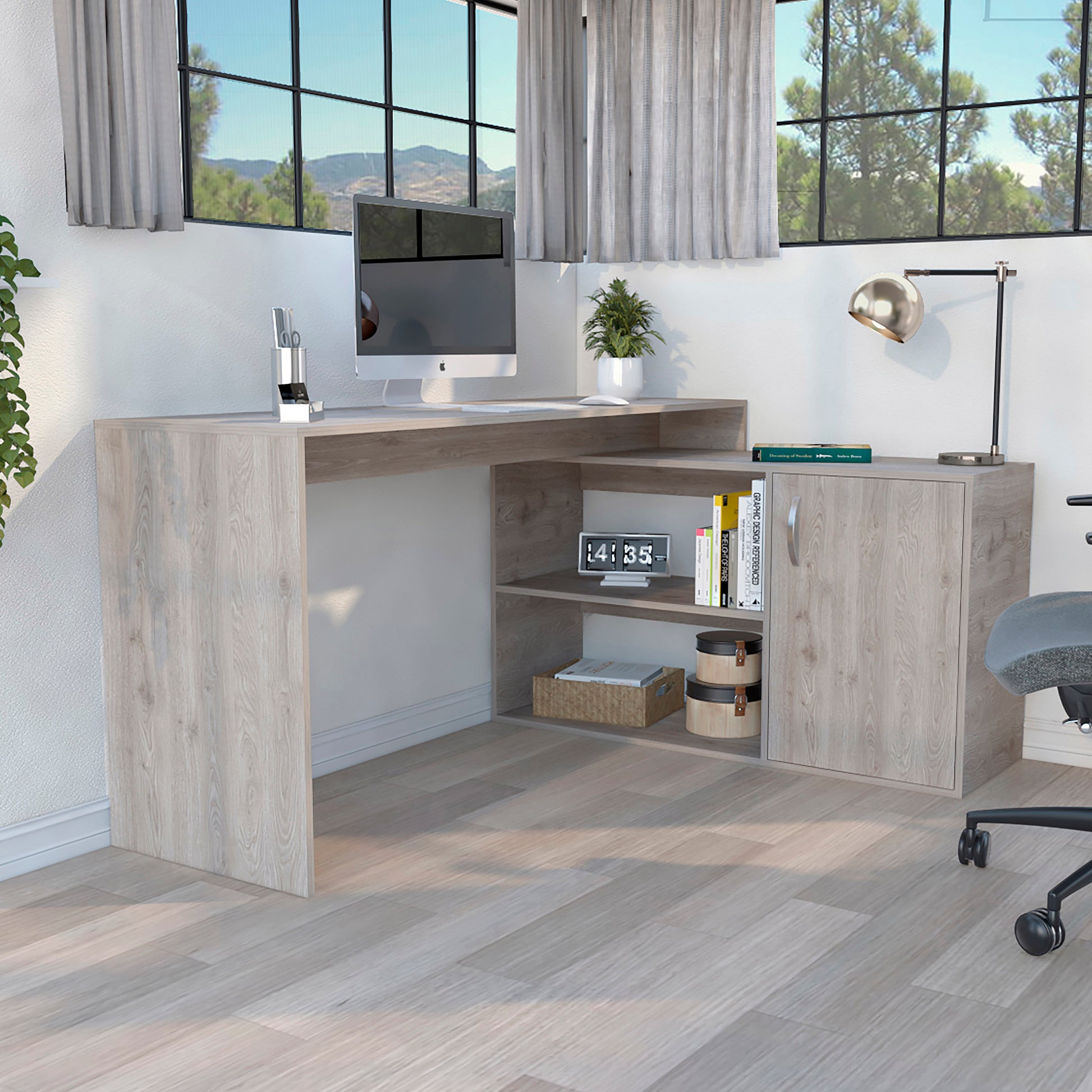Light oak Lshaped desk with computer shelves and storage cabinet