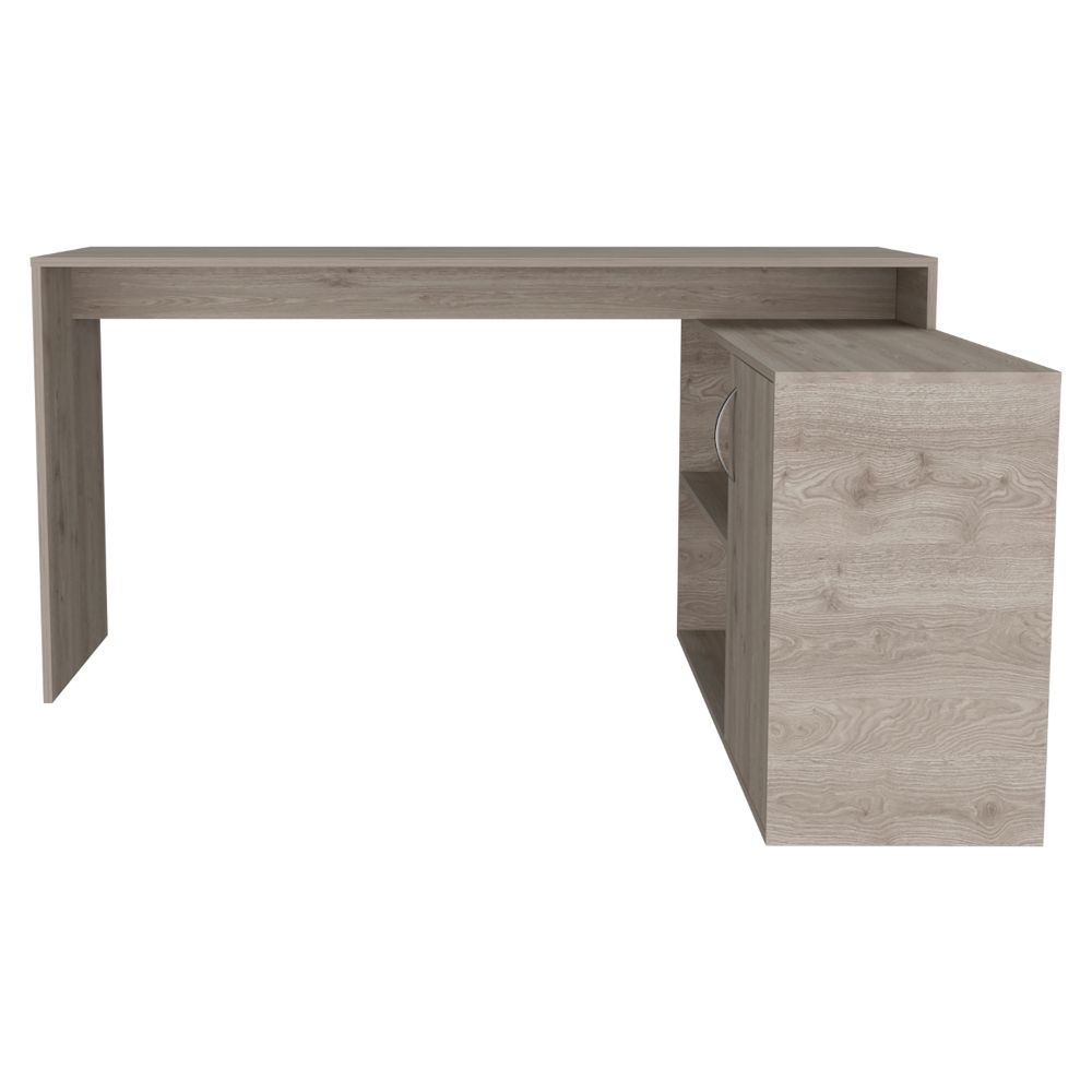 Modern Lshaped desk with light wood grain finish and integrated shelving unit