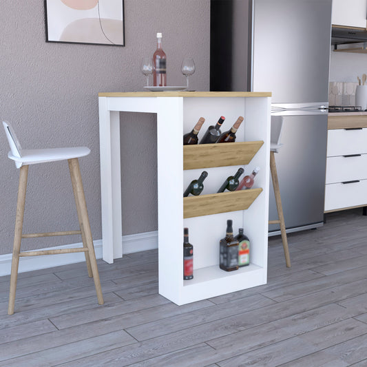White and wood bar cart with wine bottles and glasses
