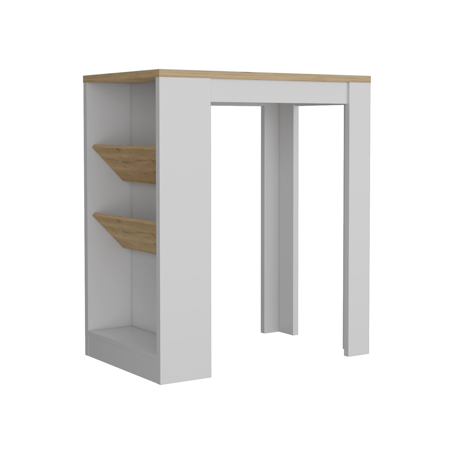 White console table with oak veneer top and two open shelves