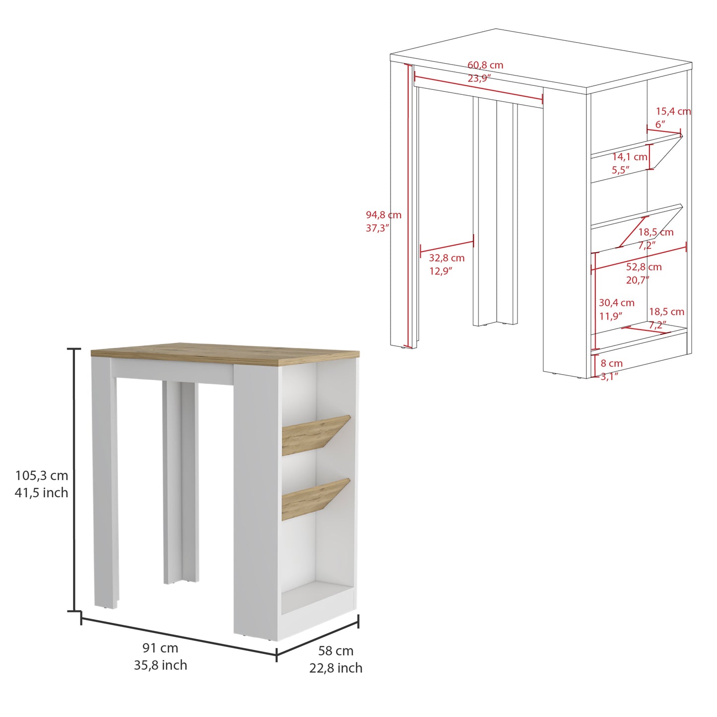 White and wood bar table with integrated shelves