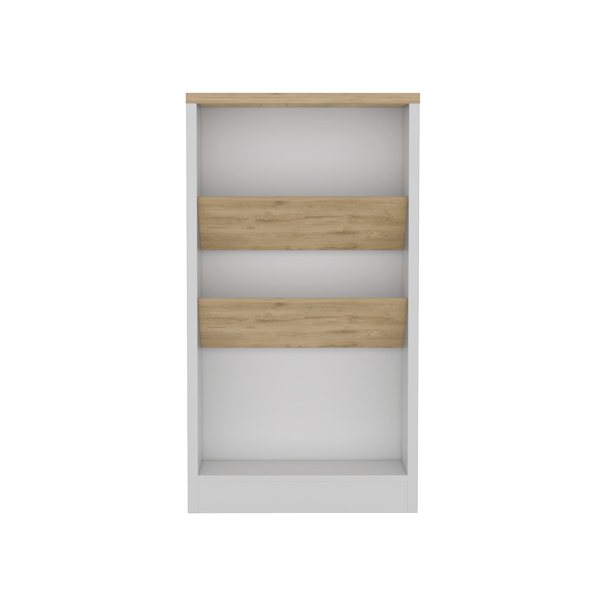 White and wood veneer bookshelf with three shelves