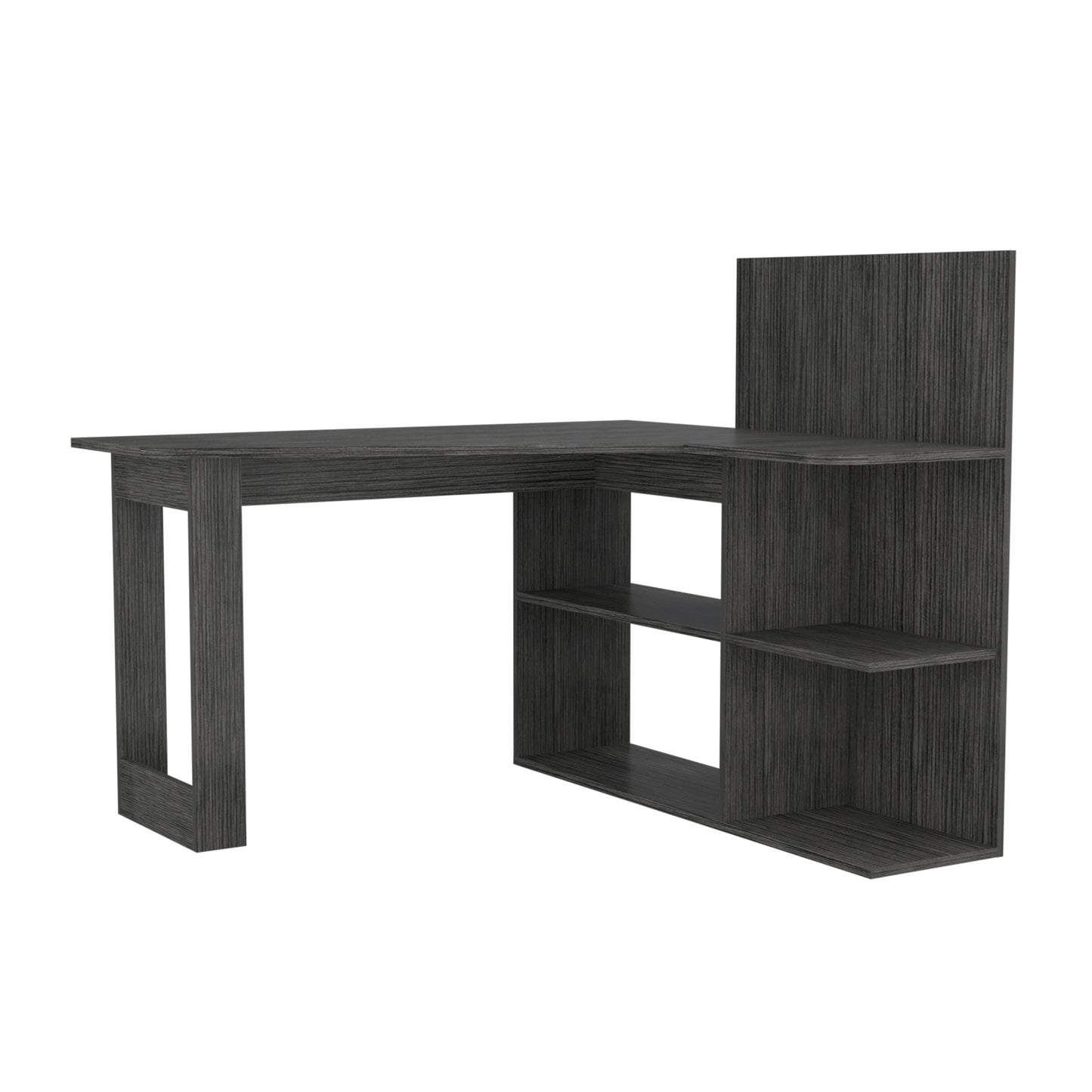 Dark gray Lshaped desk with vertical wood grain and open shelving unit modern home office furniture