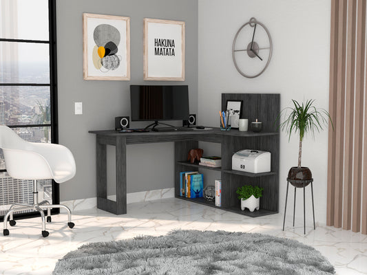 Dark gray Lshaped computer desk with shelves and modern design