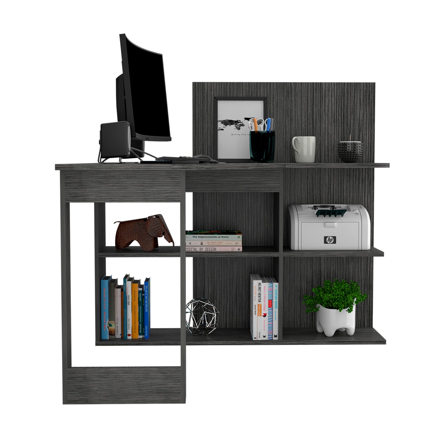 Modern gray wood desk with computer printer and shelving unit