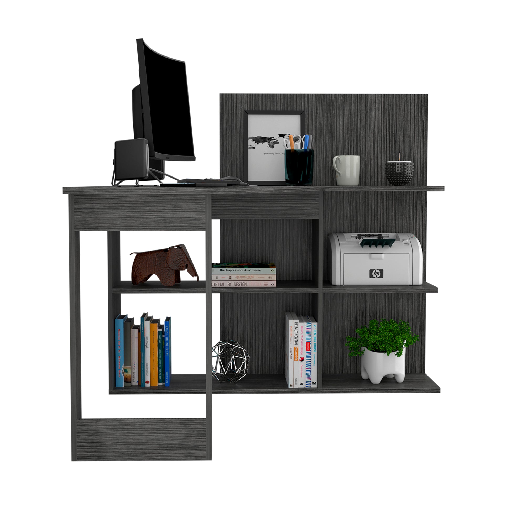 Modern gray wood desk with computer printer and shelving unit