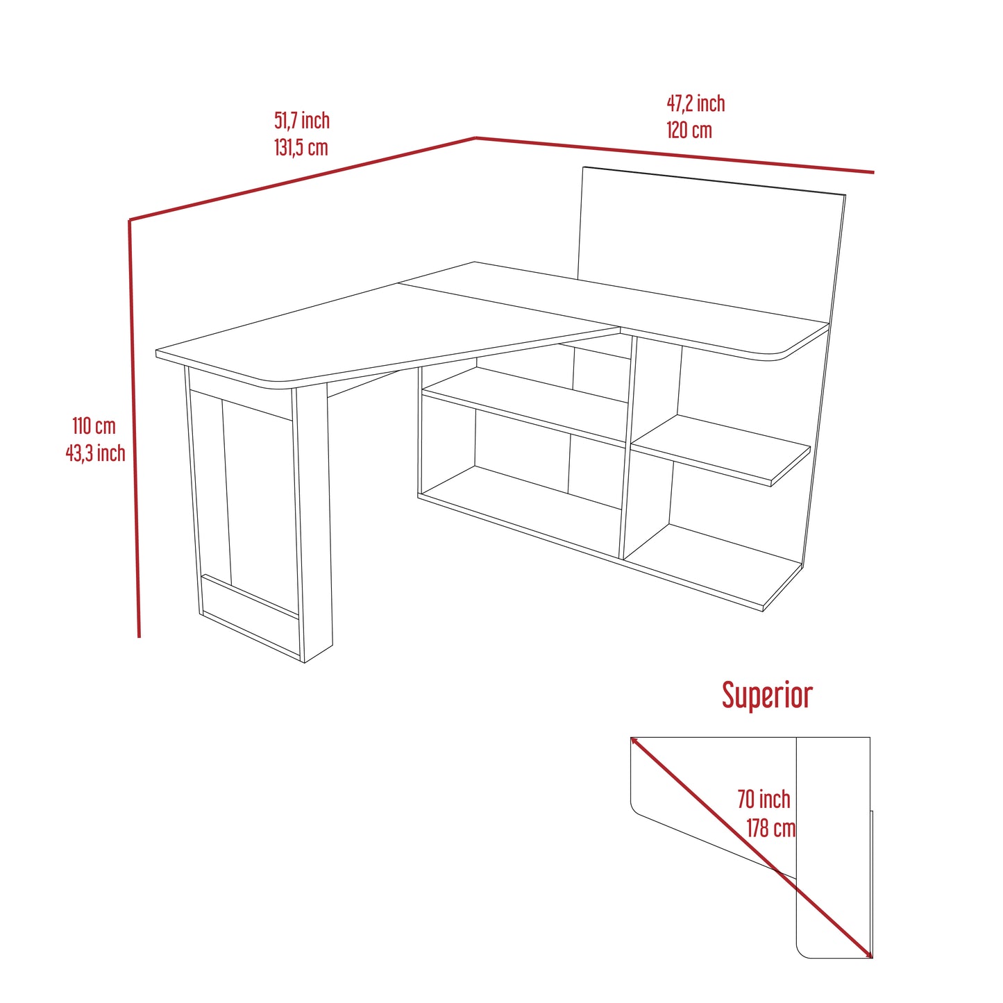 Lshaped executive desk blueprint with shelving cm length