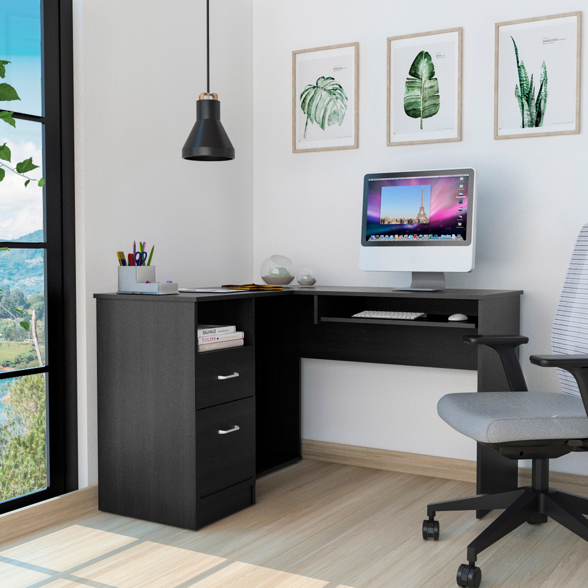 Black Lshaped desk with drawers and keyboard tray modern office furniture